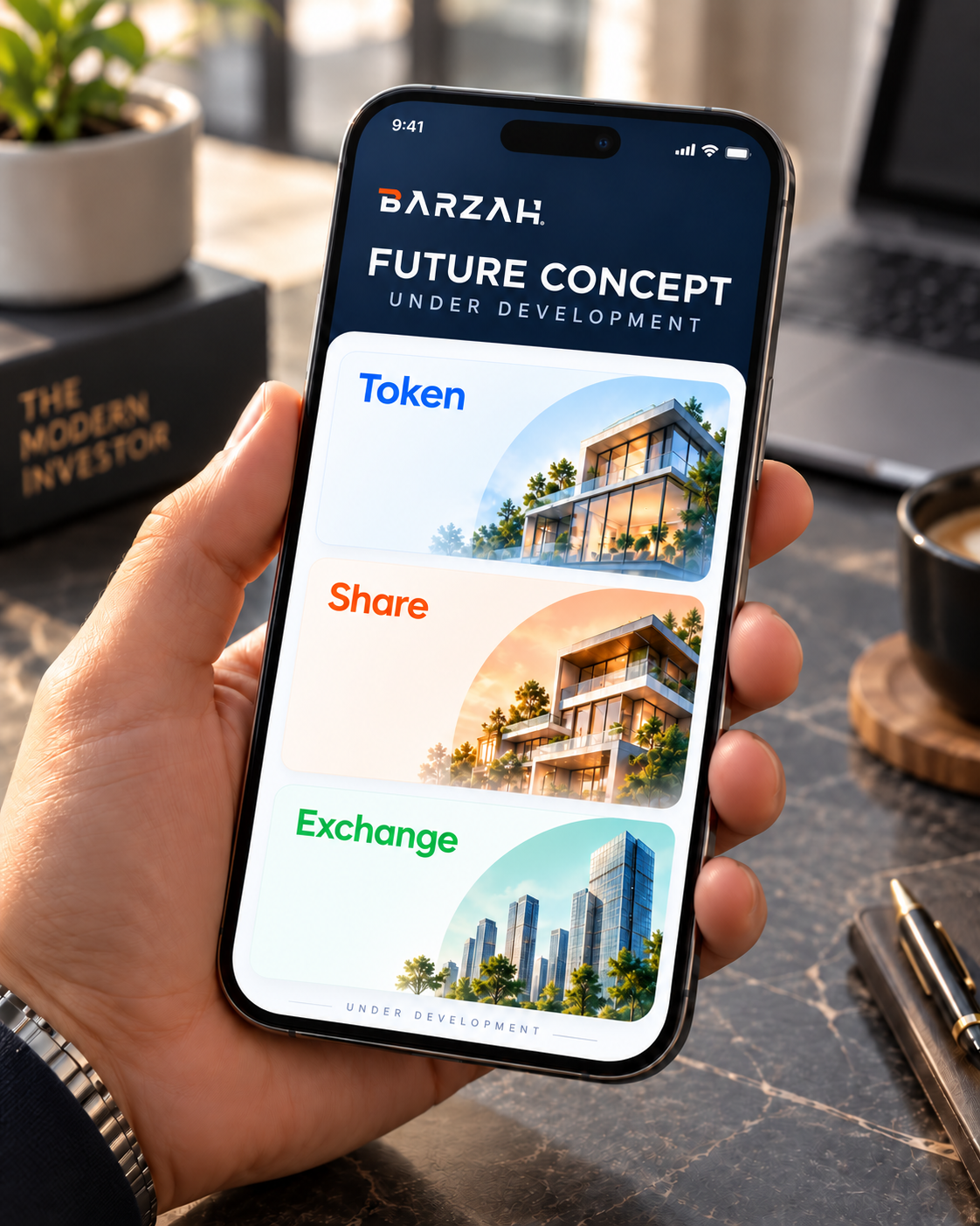 Concept phone showing future Token, Share and Exchange pathways under development
